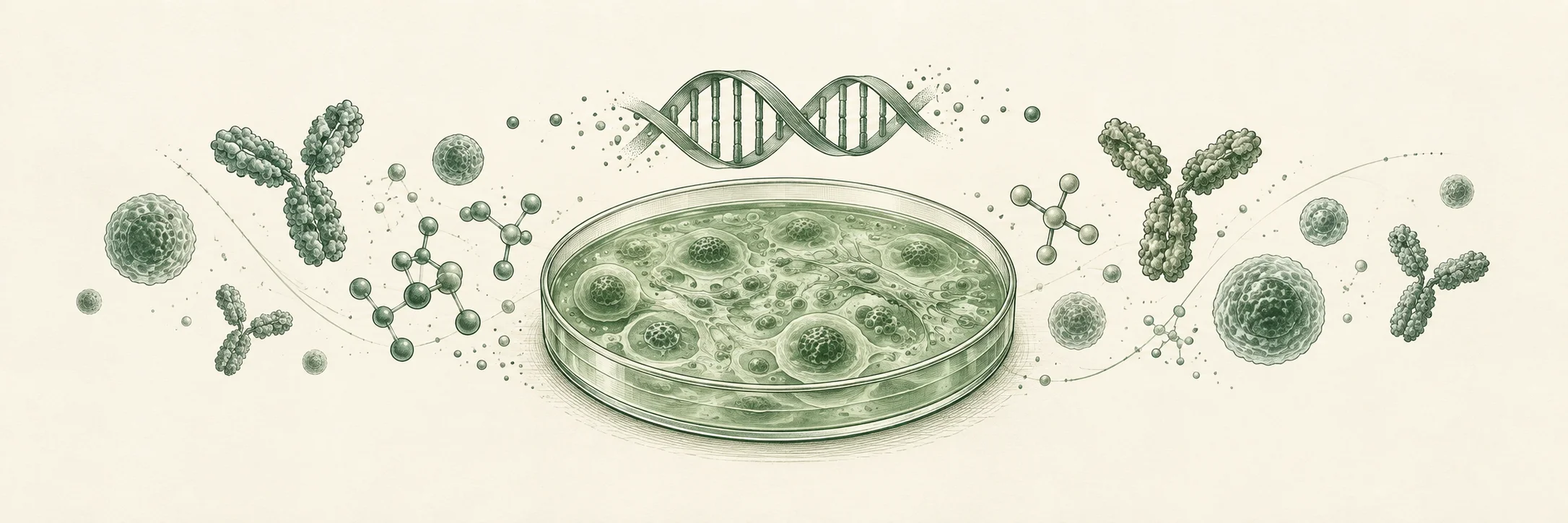 Petri dish, DNA helix, antibody and molecular motifs in green ink.