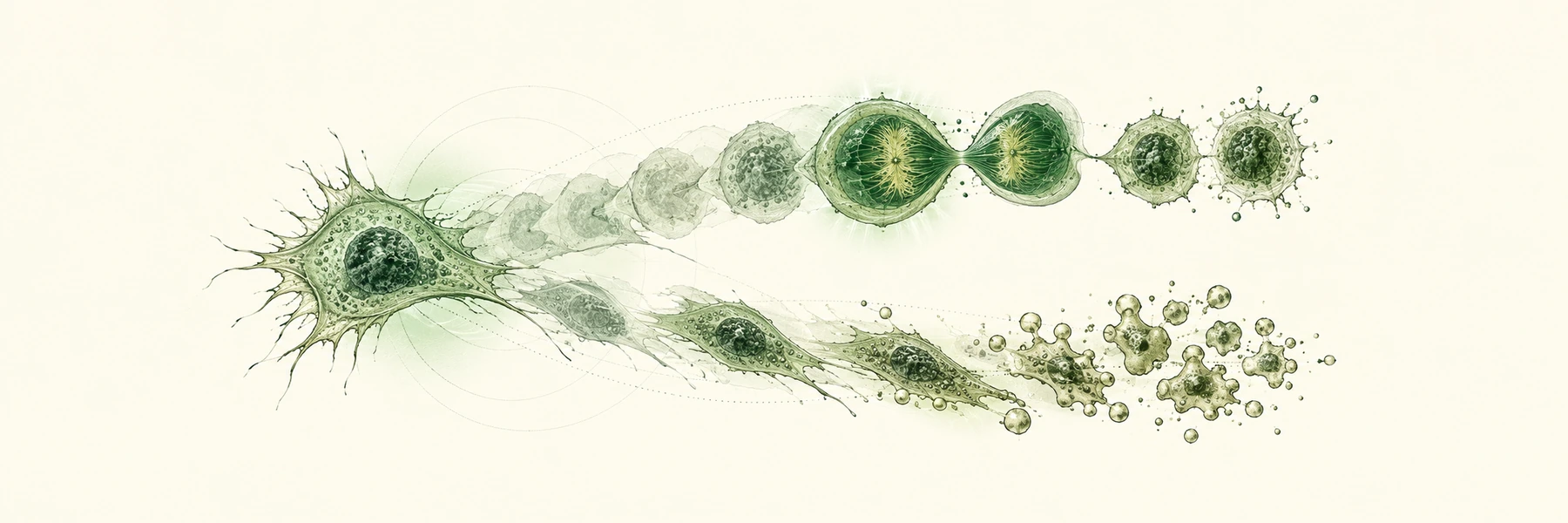 Green scientific illustration of a cancer cell's time-lapse path branching toward two daughter cells above and a blebbing, fragmenting cell below on an ivory background.