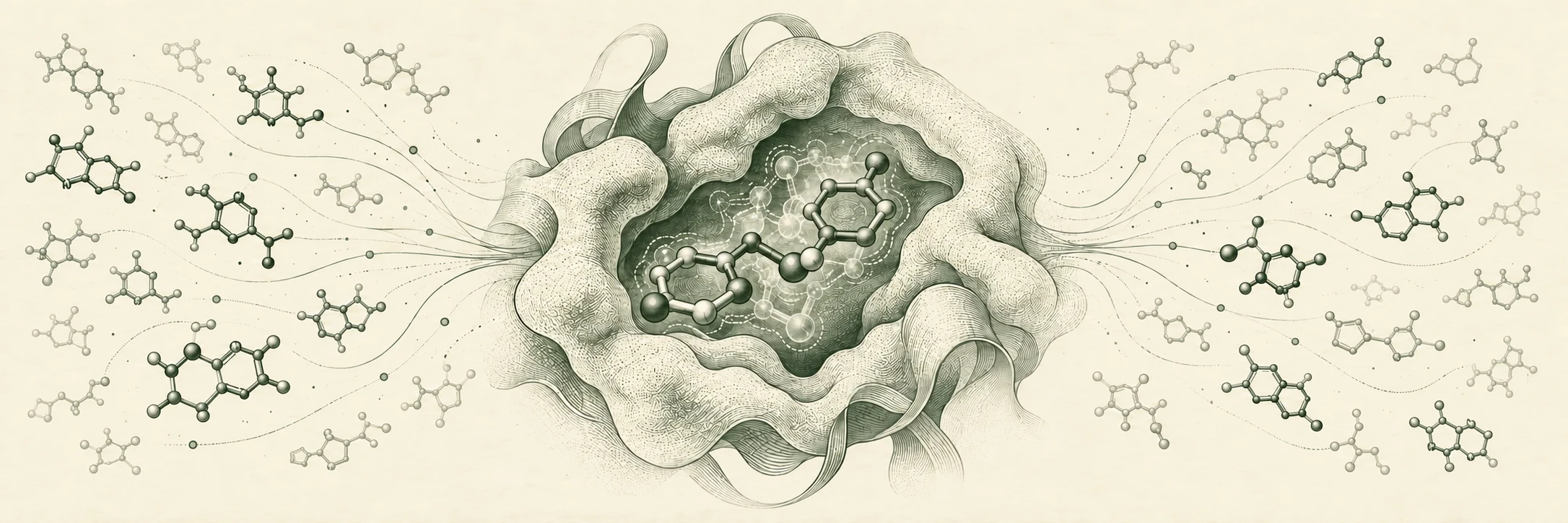 A molecule fits inside a central protein pocket while many candidate molecules surround it in muted green scientific linework on ivory paper.