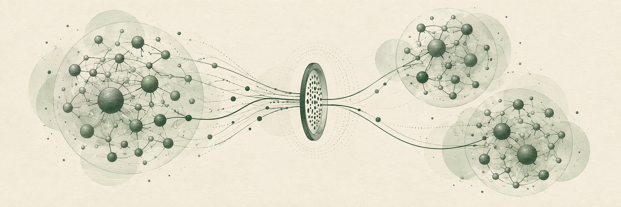 Three computational networks exchanging selected signals through a central filter.