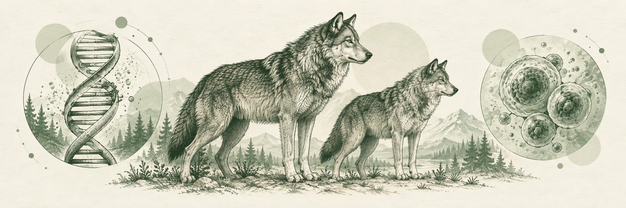 Two wolves beside DNA and cell illustrations.