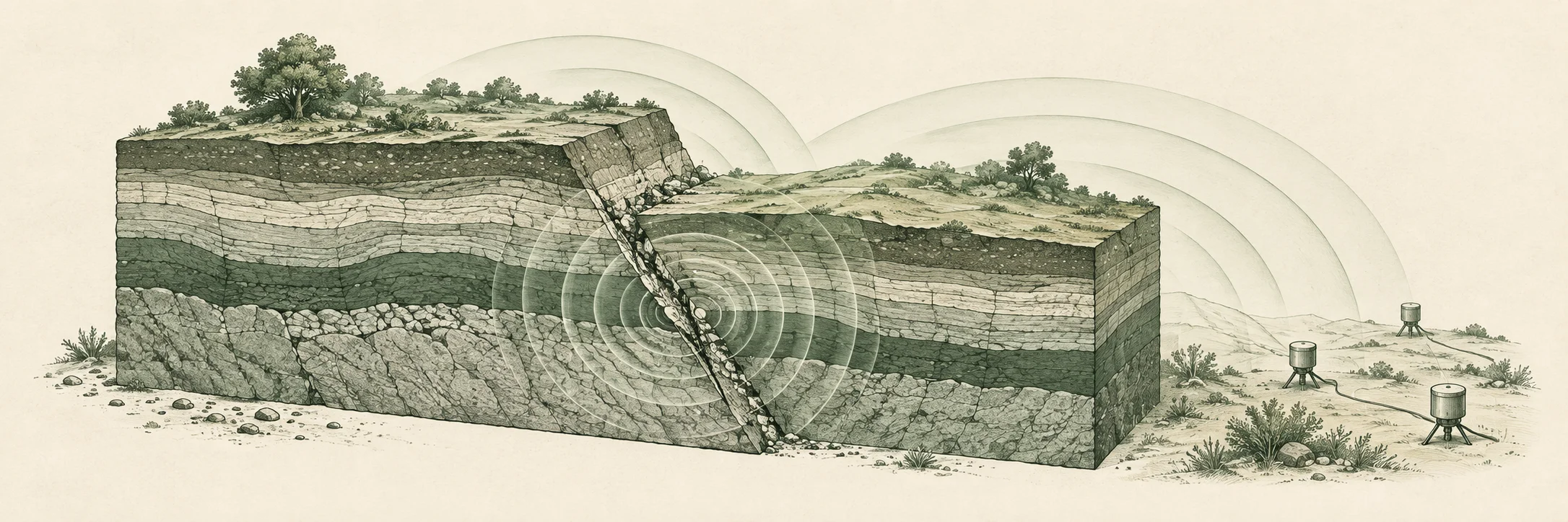 A geological cutaway showing a fault beside seismic sensors.