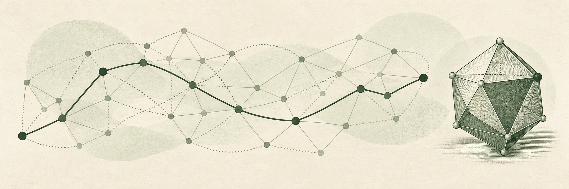 Network paths beside a faceted geometric shape.