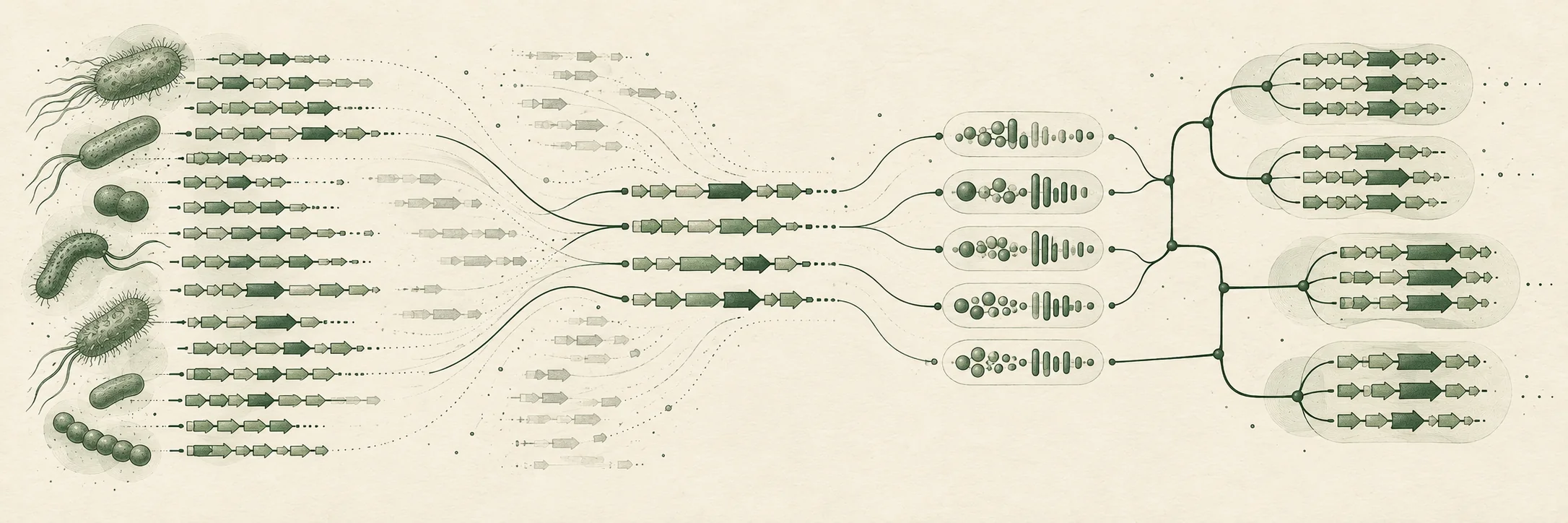 Many small chains of linked genes being gathered into a few larger families, drawn in green linework.