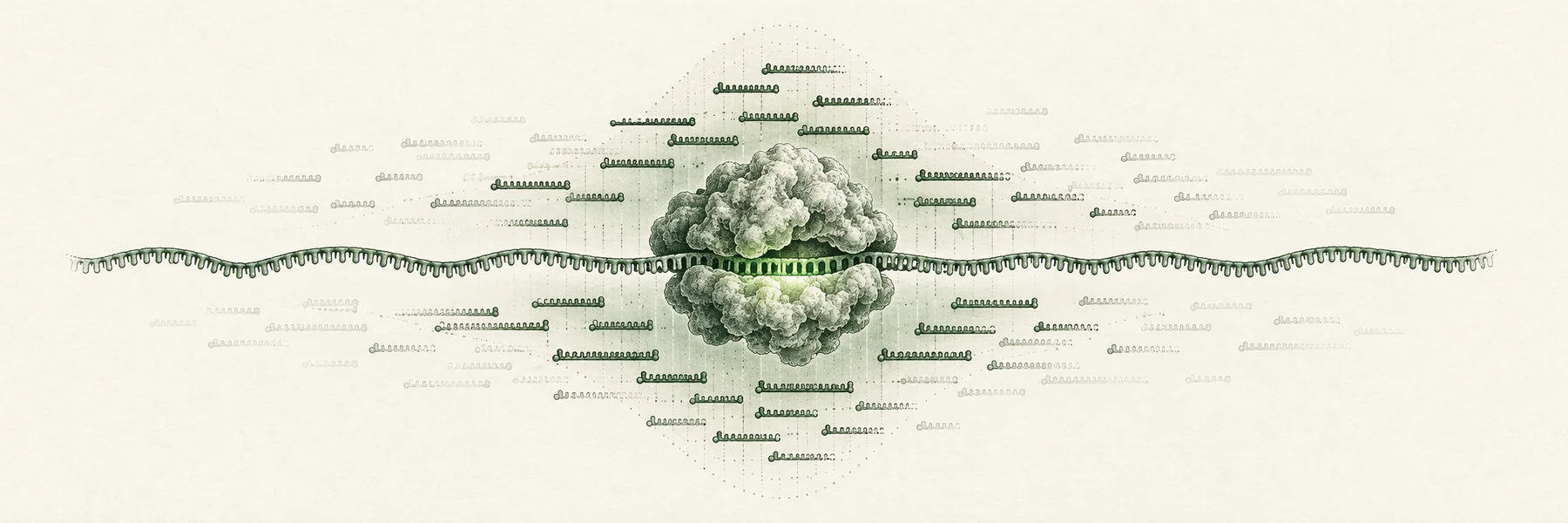 A green-ink ribosome on a single RNA strand, surrounded by faint displaced footprint fragments and a short highlighted stretch, on ivory paper.