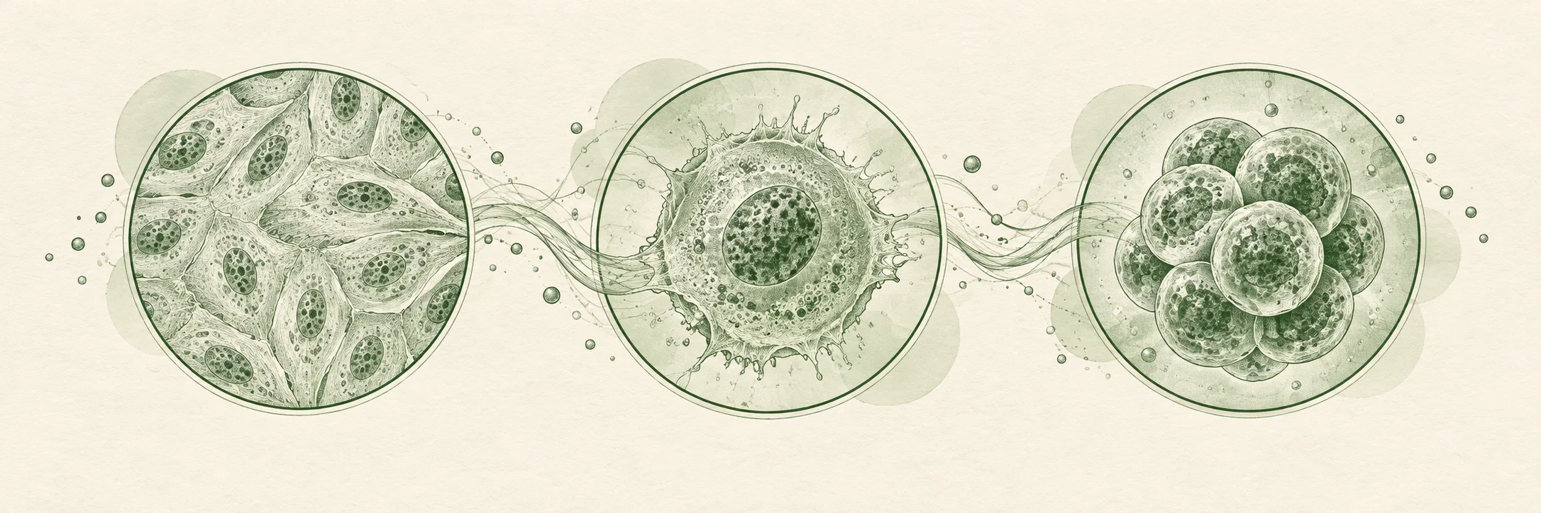 Three circular vignettes showing skin cells, reprogramming and cell division.